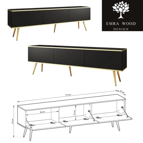 Szafka RTV Czarno - Złota  175 cm Noga Czarna - Złota